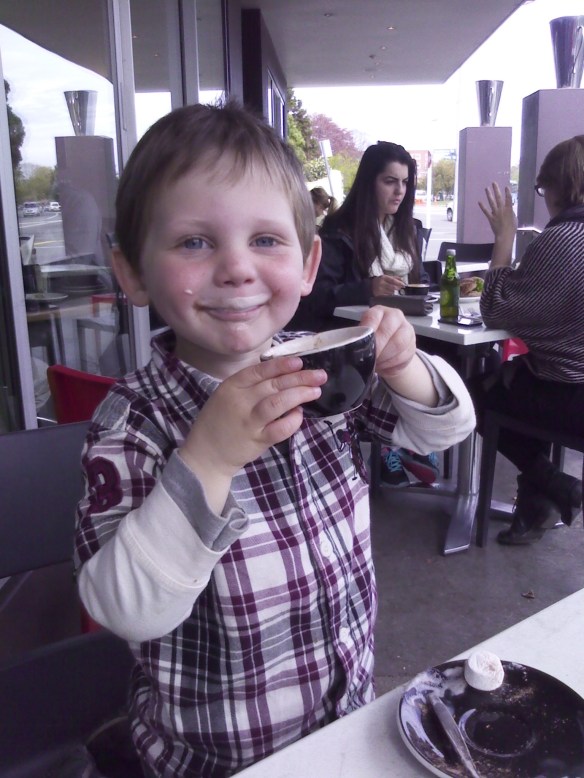 This morning we went and saw a picture of Baby Number 2 (still inside Mommy's tummy), then Mommy and I went for Special Hot Drinks. I got a hot chocolate with a BIG marshmallow. I love cafe drinks. I get a cup and saucer just like Mom's, plus a spoon to stir with. Today we sat outside on the patio and watched the traffic--bikers, runners, buses, even an ambulance and a mail man on a motorcycle!