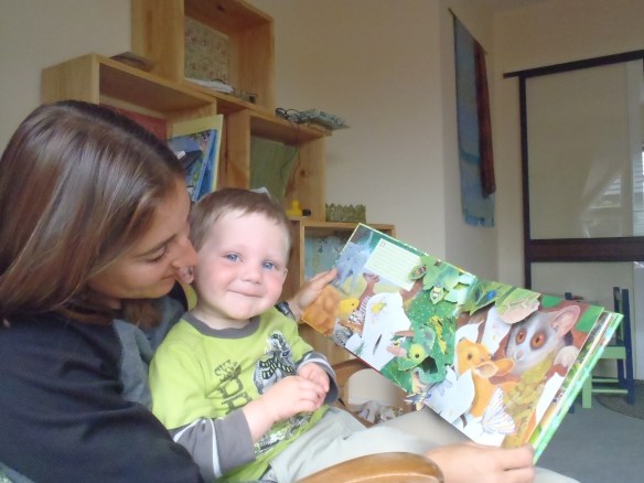 I picked a Maurice Pledger book to read this morning with Mama. It's one of my favorites because when I turn a page I hear animal noises and parts of the pages pop up. We count frogs and beetles, snakes and monkeys. And this morning we got to combine photography with book reading, two of my (many) passions in life.