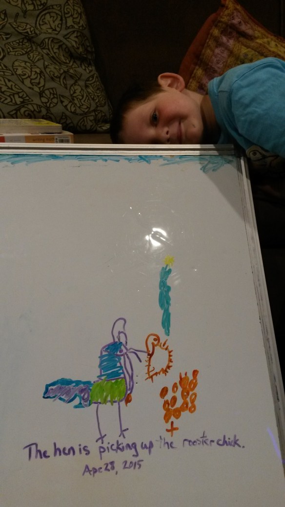 "This is a mommy rooster and her eggs. She's picking up the baby rooster. The X is the egg that already hatched." We've moved into the realm of story-drawings, and Mom is enjoying it.