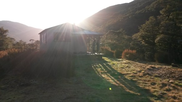There was one space left in the 10-bunk Nina hut, to my relief, and I spent a cheerful evening in the company of some remarkably cordial teenage boys and their dads.  I didn't know 15 year old males did anything but grunt, but these guys pleasantly surprised me with their friendly conversation.  They even asked me if I was a "professional" tramper.  Ha!  What flattery!  Nope, I am a foreigner, but I'm just a mom out for the weekend.  