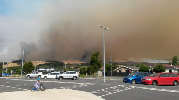 Every so often the wall of flames would eat into something new, sending up billows of black smoke.  There were a dozen helicopters with monsoon buckets busily scooping water and dumping it on the blaze, but helicopters are really small compared to a bush fire, reminding us that we might think we have control over our environment, but we don't.  